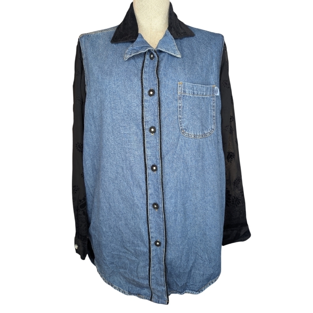 Zana Di Denim Shirt Jacket Black Sheer Floral Sleeves Size 14 Vintage